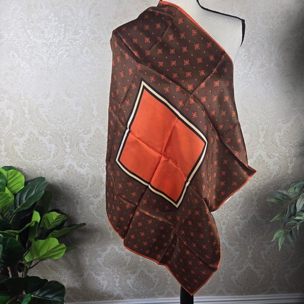 Square Scarf in Brown, Orange, Cream and Black Hand Rolled Edges Vintage